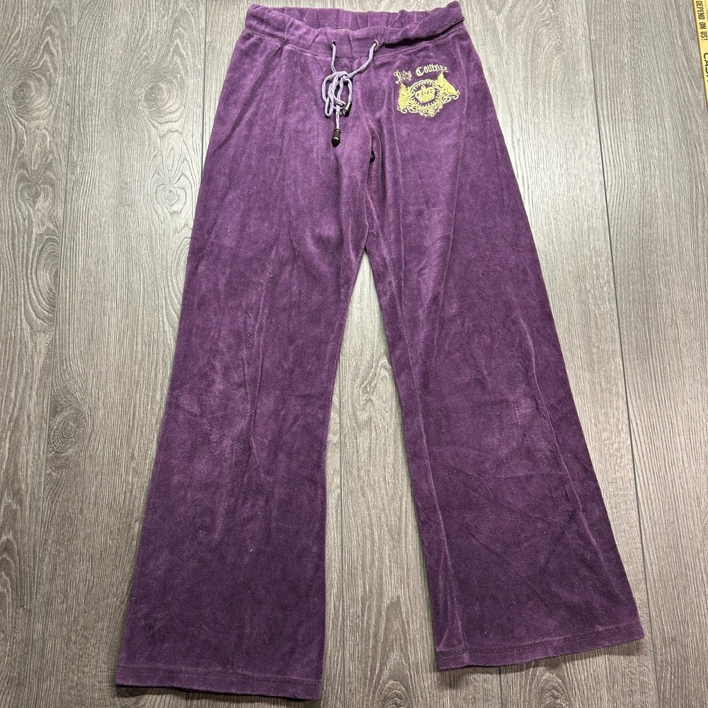 Juicy Couture Vintage Y2K Purple Velour Flare Track Pants Gold Crest Logo Medium